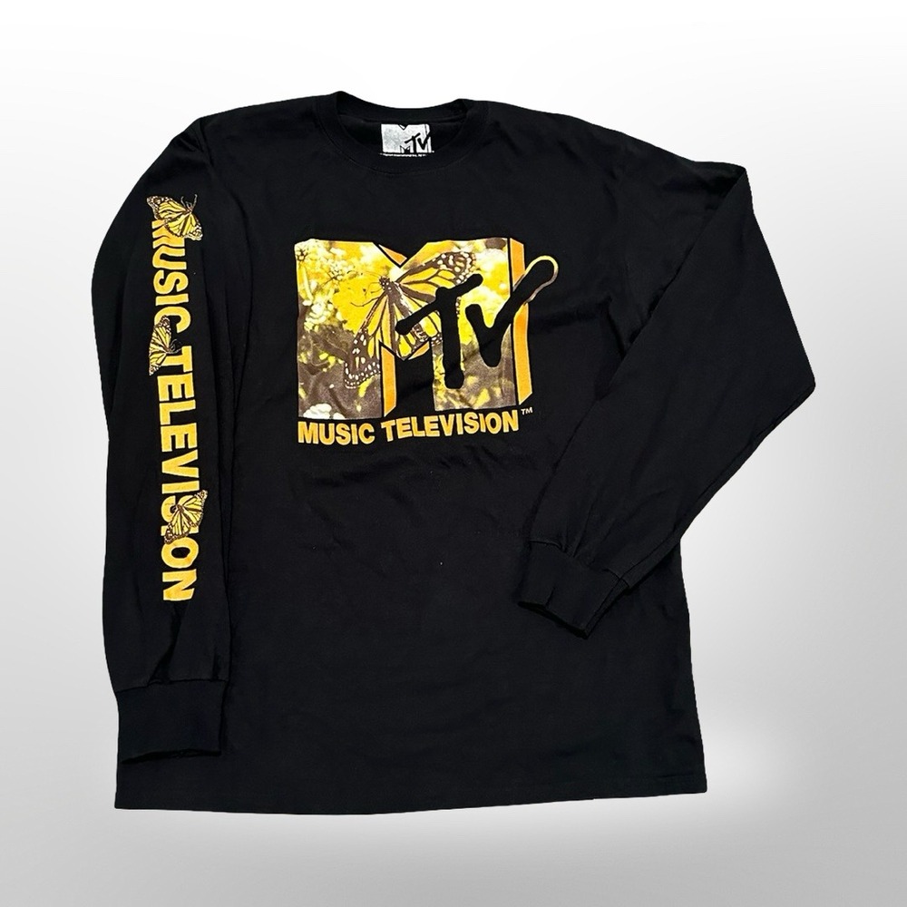 MTV Music Television Black Long Sleeve Butterfly Graphic T-Shirt Adult Size M